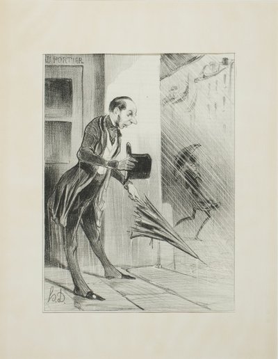 Ny patenteret paraply med et forbedret fjedersystem, der åbner sig hurtigt ved den mindste berøring (se venligst vores annonce i sagen), plade 33 fra Émotions Parisiennes. af Honoré Victorin Daumier