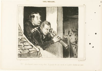 "Åh! Det er, som om vi var der: den høje åbner sit korset, og den lille leder efter en loppe!", plade 27 fra Types Parisiens af Honoré Victorin Daumier