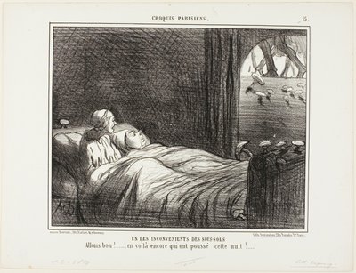 En af ulemperne ved at bo i kælderen. "Se, her er nogle flere, som voksede i går aftes ...", planche 15 fra Croquis Parisiens af Honoré Victorin Daumier