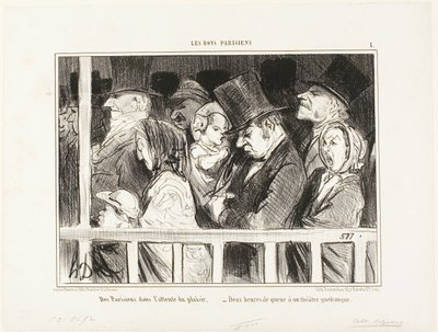Pariserne glæder sig til at have det sjovt. I kø i to timer foran ethvert teater i byen, plade 1 fra Les Bons Parisiens af Honoré Victorin Daumier