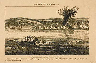 Filosofiske overvejelser fra en elsker af stille fornøjelser. At flyde på ryggen i en time i en stille biflod til Marne med lidt vand, nogle åkander og masser af frøer: det er det, der gør en mand lykkelig! fra Les Baigneurs af Honoré Victorin Daumier