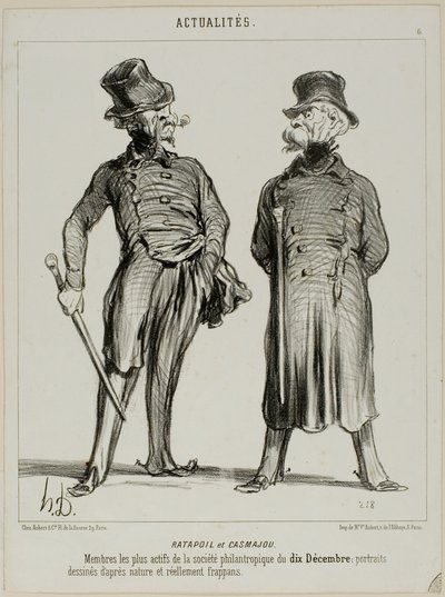 Ratapoil og Casmajou. De mest aktive medlemmer af det filantropiske selskab den 10. december: portrætterne er hentet fra naturen og har en slående lighed, planche seks fra Actualités af Honoré Victorin Daumier