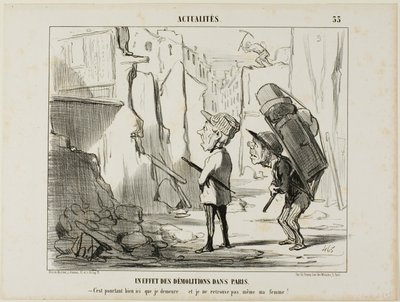 Resultatet af nedrivningen af bygninger i Paris. "- Det var trods alt her, jeg plejede at bo...., og jeg kan ikke engang finde min kone længere", plade 55 fra Actualités af Honoré Victorin Daumier