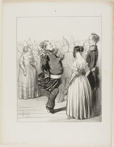 Rifolard åbner bolden og udfører et dristigt dansetrin fremad, som får udbredt ros, plade 5 fra Les Banqueteurs af Honoré Victorin Daumier