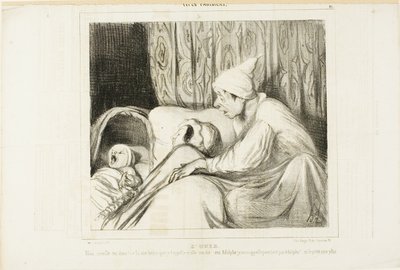 Sans for hørelse. "- Vågn op Nini!.... Jeg har kaldt på hende i mere end en time, og hun svarer altid: ja Adolphe. Men hverken barnets eller mit navn er Adolphe!", plade 41 fra Types Parisiens af Honoré Victorin Daumier