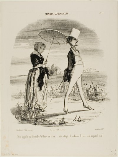 "Så det er det, der kaldes at følge livets strøm.... at være tvunget til at marchere i takt med sådan et fjols!", plade 52 fra Moeurs Conjugales af Honoré Victorin Daumier