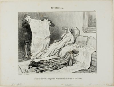 Abonnenter, der forsøger at klare sig med deres avis, plade 115 fra Actualités af Honoré Victorin Daumier