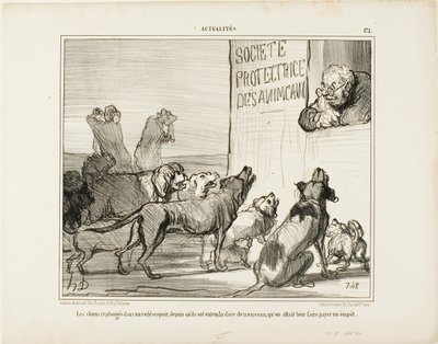 Hundene bliver igen fortvivlede efter at have hørt, at der alligevel kommer en ny afgift på hundekort, opslag 171 fra Actualités af Honoré Victorin Daumier