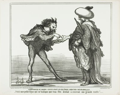 Kejseren af Marokko i samråd med den berømte tryllekunstner Desbarolles. "- Denne lille streg her indikerer for mig, at du vil få en kongelig røvfuld!", plade 126 fra Actualités af Honoré Victorin Daumier