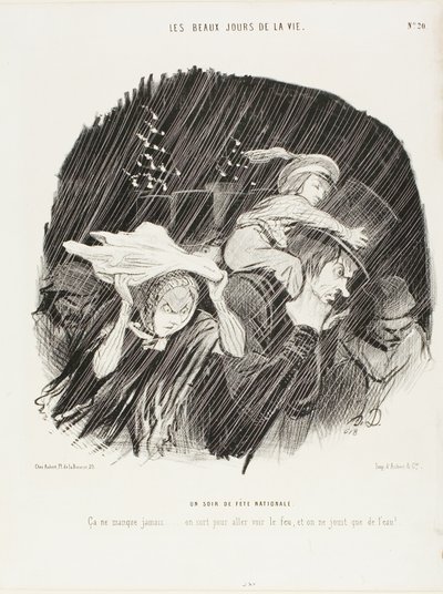 Aftenen på den nationale helligdag. Det slår aldrig fejl ... man går ud for at se fyrværkeriet, og alt, hvad man får, er vandpjaskeri!, planche 20 fra De bedste dage i livet af Honoré Victorin Daumier