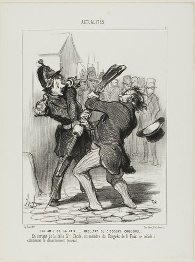 Fredens venner - resultatet af en tale af Coquerel. Da han forlod afdelingen i Saint Cécilia, besluttede et medlem af fredskongressen at starte en generel afrustning, plade 7 fra Actualités af Honoré Victorin Daumier