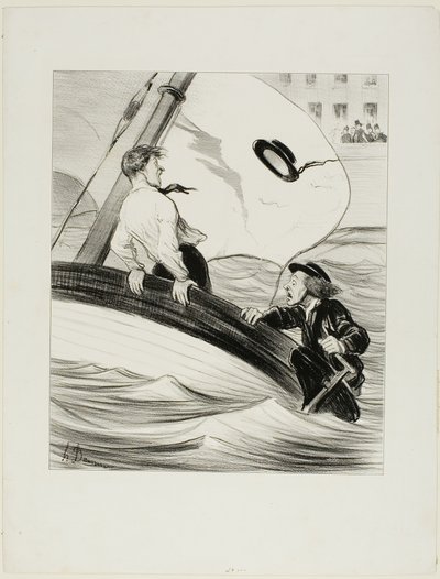 Et vindpust. "- Åh pokkers! Jeg har mistet min hat! - Bare rolig...., da det er vandpølse...., vil du ikke have noget problem med at finde den igen i Rouen!", plade 17 fra Les Canotiers Parisiens af Honoré Victorin Daumier