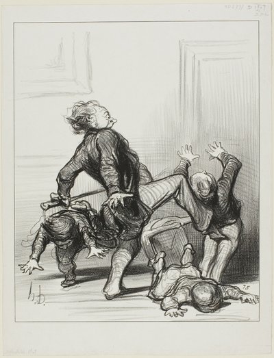 Indflydelsen fra fredskongressen. "Åh, I slyngler, I slås igen ... I ved stadig ikke, at mennesket skal leve i fred og være herre over sig selv," planche 8 fra Actualités af Honoré Victorin Daumier