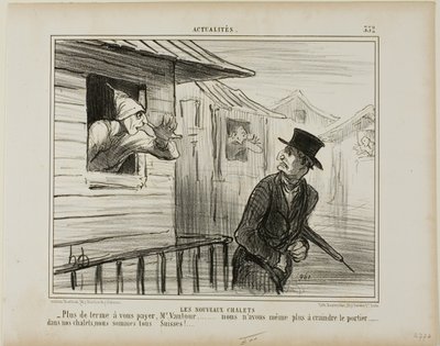 De nye blokhuse. "- Ikke mere husleje at betale, Monsieur Vautour ... og vi er ikke længere bange for viceværten..... i vores hytter er vi alle schweizere," plade 332 fra Actualités af Honoré Victorin Daumier