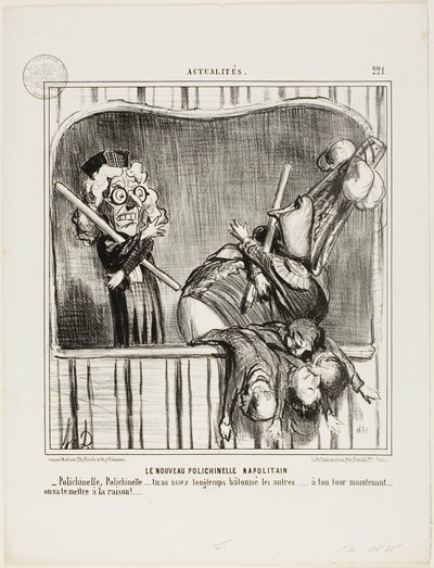 Den nye napolitanske klovn. "- Polichinelle, Polichinelle, du har skældt ud på de andre længe nok ... nu er det din tur. Vi vil bringe dig til fornuft ...", plade 221 fra Actualités af Honoré Victorin Daumier