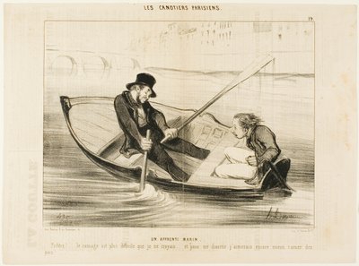 Den uerfarne sejler. "Djævel ... at ro er meget sværere, end jeg troede! Og for virkelig at hygge mig vil jeg hellere holde mig til ærter.", planche 19 fra Les Canotiers Parisiens af Honoré Victorin Daumier
