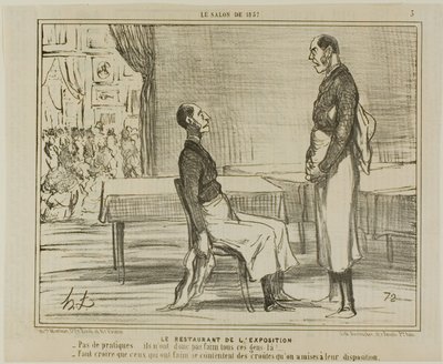 Restauranten på udstillingen. "- Ingen kunder overhovedet ... er disse mennesker ikke sultne - Jeg gætter på, at de sultne spiser de snacks, de blev tilbudt," planche 3 fra Le Salon De 1857 af Honoré Victorin Daumier