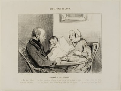 Abonnenten og hans avis. "- Hør her, skat, de første tre spalter i min morgenavis er helt tomme! Det ser ud til, at de virkelig må have sagt nogle grimme ting. - Det kan godt være, men nu hvor du nævner det, at skrive ingenting overhovedet, jeg af Honoré Victorin Daumier