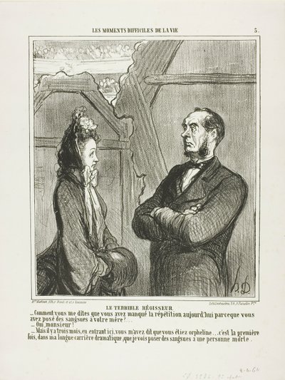 Den frygtelige instruktør. "- Det er rigtigt! Du fortæller mig, at du gik glip af dagens prøve, fordi du var nødt til at sætte igler på din mor - Ja, sir. - Men da du kom her første gang for tre måneder siden, fortalte du mig, at du var forældreløs. Dette  af Honoré Victorin Daumier