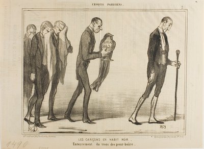 Tjeneren i det sorte jakkesæt. Begravelse af drikkepengekassen, plade 2 fra Croquis Parisiens af Honoré Victorin Daumier
