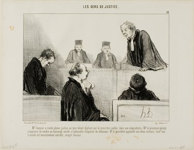 Forsvaret roser anklagerens talent, mens statsadvokaten beundrer forsvarets veltalenhed. Dommeren klapper af dem begge, og alle er tilfredse, undtagen den anklagede, planche 16 fra Les Gens De Justice af Honoré Victorin Daumier
