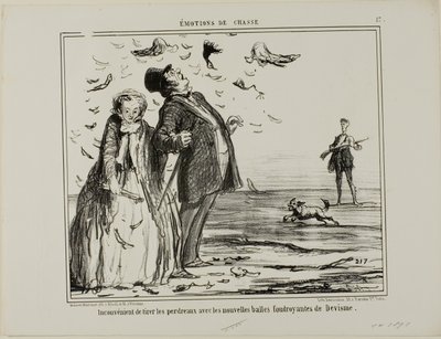 Ulempen ved at skyde på unge agerhøns med de nye eksplosive kugler fra Devisme, planche 17 fra Émotions De Chasse af Honoré Victorin Daumier