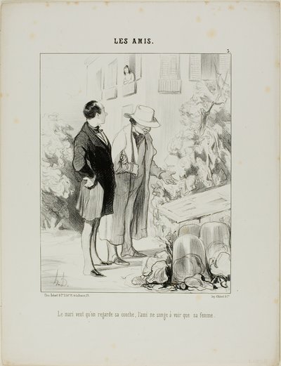 Manden vil have ham til at se på sin varme seng, vennen drømmer kun om at se sin kone, plade 3 fra Les Amisa af Honoré Victorin Daumier