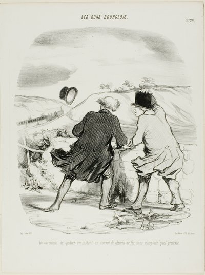 Ulempen ved at forlade toget, selv om det kun er et øjeblik og under en hvilken som helst undskyldning, planche 29 fra Les Bons Bourgeois af Honoré Victorin Daumier