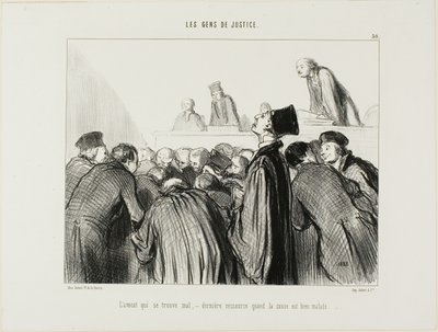 Advokaten bliver syg, en sidste udvej, når hans sag også begynder at se syg ud, planche 30 fra Les Gens De Justice af Honoré Victorin Daumier