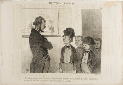Eleverne på Institut Pascareau prøver deres nye skoleuniform, som får dem til at ligne lidt den store Napoleon og meget små avisdrenge, plade 25 fra Professeurs Et Moutards af Honoré Victorin Daumier