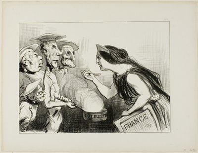 For mange kokke ødelægger bouillonen. "- Det her smager virkelig af dårlig madlavning", tallerken 142 fra Actualités af Honoré Victorin Daumier