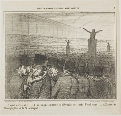 Udsigt over den store sal, planche 1 fra Souvenirdu Grand Festival des Orphéonistes af Honoré Victorin Daumier