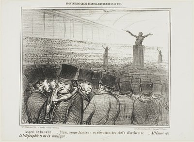 Udsigt over den store sal. Kort, højde og udsigt foran dirigenten. Den store alliance mellem telegraf og musik, planche 1 fra Souvenir Du Grand Festival Des Orphéonistes af Honoré Victorin Daumier