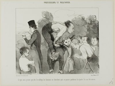 Hvilket igen beviser, at mennesket allerede fra gymnasiet støtter sig på skuldrene af sin slægt for at komme videre i livet, planche 30 fra Professeurs Et Moutards af Honoré Victorin Daumier
