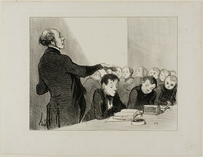 "Husk nu, at unge Cabassol er alt for god til at oversætte, til at jeg ville tillade nogen i denne klasse at forulempe ham ... han er under min umiddelbare beskyttelse! Ved de afsluttende eksamener er det ham, der vil holde Bilboquet High Schools ære oppe, af Honoré Victorin Daumier
