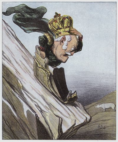 På en noget farlig skråning (farve litho) af Honore (after) Daumier