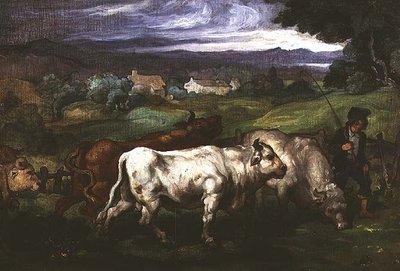 Kvæg og en vognmand i et landskab af Honore (circle of) Daumier