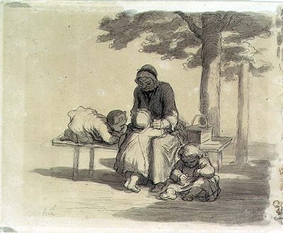 En bedstemor (grå vask og pen og blæk på papir) af Honoré Daumier