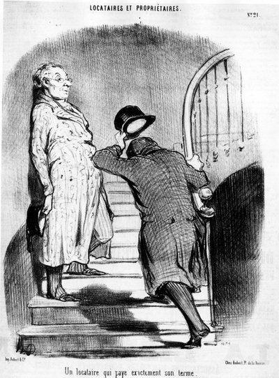 En lejer, der betaler præcis sin periode, taget fra "" Tenants et Owners"", tegneserieserie af Honore Daumier (1808-1879). “Charivari” af Honoré Daumier