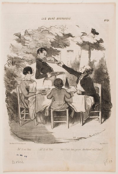 Ah, den er frisk, den er frisk! ... Lugt selv til den, tjener, siger De, at den er frisk? ... af Honoré Daumier