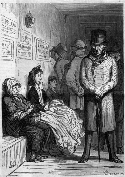 En omnibus ventepult. Tegnefilm af Honore Daumier (1808-1879). Indgravering i "" Le Monde Illustré"" nr. 257 af 15. marts 1862. af Honoré Daumier