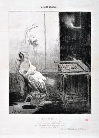 Kunstværk af Honore Daumier (1808-1879) Charivari stammer fra 1842: Serie HISTORIE ANCIE Les Nuits de Penelope "" Fra hendes fraværende yndige profil skinnede Forever med hendes søde øjne som en stjerne Formål at væve tre år og hendes list og hans web Han af Honoré Daumier