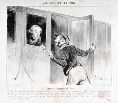 Kunstværk af Honore Daumier (1808-1879). Charivari stammer fra 1843: Serie LES RAILWAYS Faren for at falde i søvn på en rejse “” -Vågn op Sir og stå af bilen! - Hvor kører vi? - Men Rouen parbleu! - I Rouen og jeg, der kun ville til Poiss af Honoré Daumier