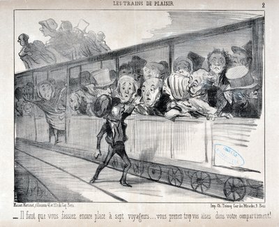 Kunstværk af Honore Daumier (1808-1879). Charivari stammer fra 1852: Serie LES TRAINS DE PLEASURE - Du skal gøre plads til syv passagerer... du er for komfortabel i din kupé! KUNSTMUSEET - PALACE LONGCHAMP, MARSEILLE af Honoré Daumier
