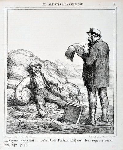 Kunstværk af Honore Daumier (1808-1879). Charivari stammer fra 1865: Serie LES ARTISTS IN THE CAMPAGNE “” - Lad os se, er det slut?... Det er stadig trættende at hvile, så længe det...” KUNSTMUSEET - PALACE LONGCHAMP, MARSEILLE af Honoré Daumier