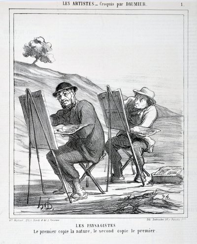 Kunstværk af Honore Daumier (1808-1879). Charivari er fra 1865: Serie LES ARTISTS Les paysagistes. "Den første kopierer naturen, den anden kopierer den første" MUSEE DES BEAUTS ARTS - PALAIS LONGCHAMP, MARSEILLE af Honoré Daumier