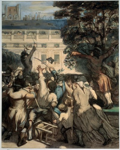 ""Camille Desmoulins (1760-1794) hylder patrioterne i det kongelige palads haver"" Første scene af den franske revolution i Paris: den 07/12/1789, efter afskedigelsen af ​​Jacques Necker af kongen, taler Camille Desmoulins menneskemængden på Det Kongelige  af Honoré Daumier