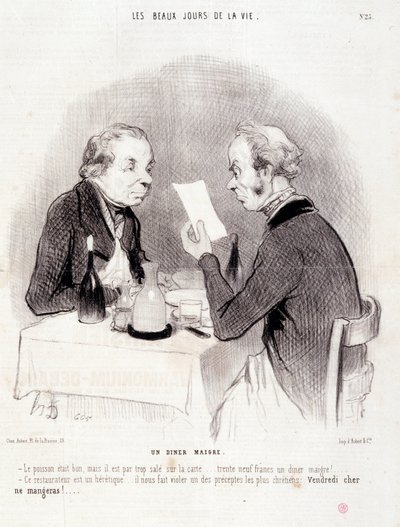 Tegnefilm om kære liv. Serien "" The Beautiful Days of Life"": En mager middag..." Indgravering af Honore DAUMIER (1808-1879). Uddrag fra avisen "" Le Charivari"" den 18. oktober af Honoré Daumier