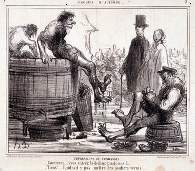 Tegnefilm om høstere, der tramper på barfodede druer, fra serien "Autumn Sketch" af Honoré Daumier