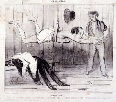 Tegnefilm om turister på ferie. Serien "" Les Baigneurs"": "" La lecon a dry""". Serien "" Les Baigneurs"": "" La lecon a dry""". Gravering af Honore DAUMIER (1808-1879). Uddrag fra avisen "" Le Charivari"". Dim 25x36cm æske 12 Marseille, Musee af Honoré Daumier